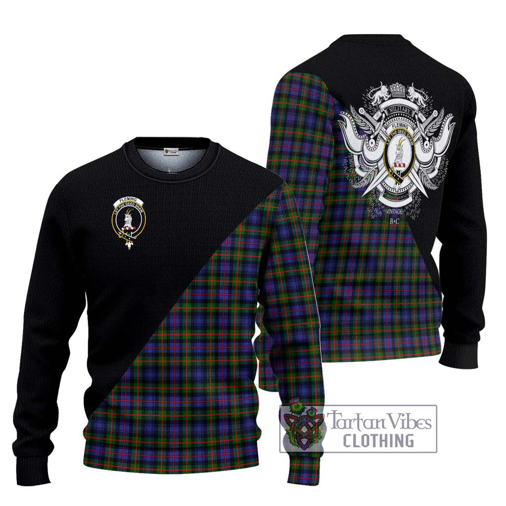 Fleming Tartan Knitted Sweater with Family Crest and Military Logo Style Unisex - Tartanvibesclothing Shop