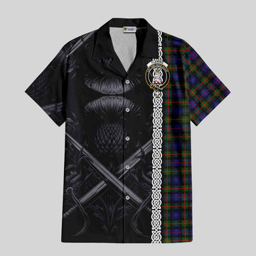 Fleming Tartan Short Sleeve Button Shirt with Family Crest Cross Sword Thistle Celtic Vibes