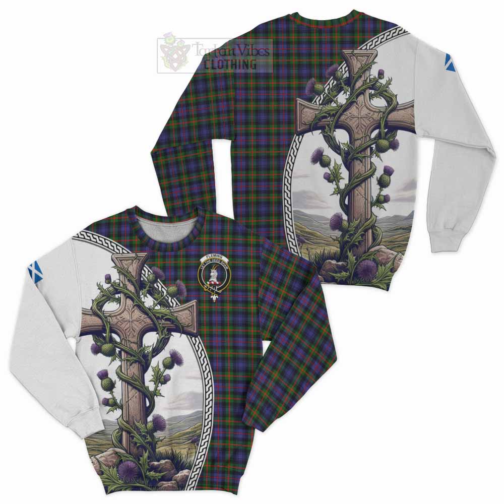 Tartan Vibes Clothing Fleming Tartan Sweatshirt with Family Crest and St. Andrew's Cross Accented by Thistle Vines