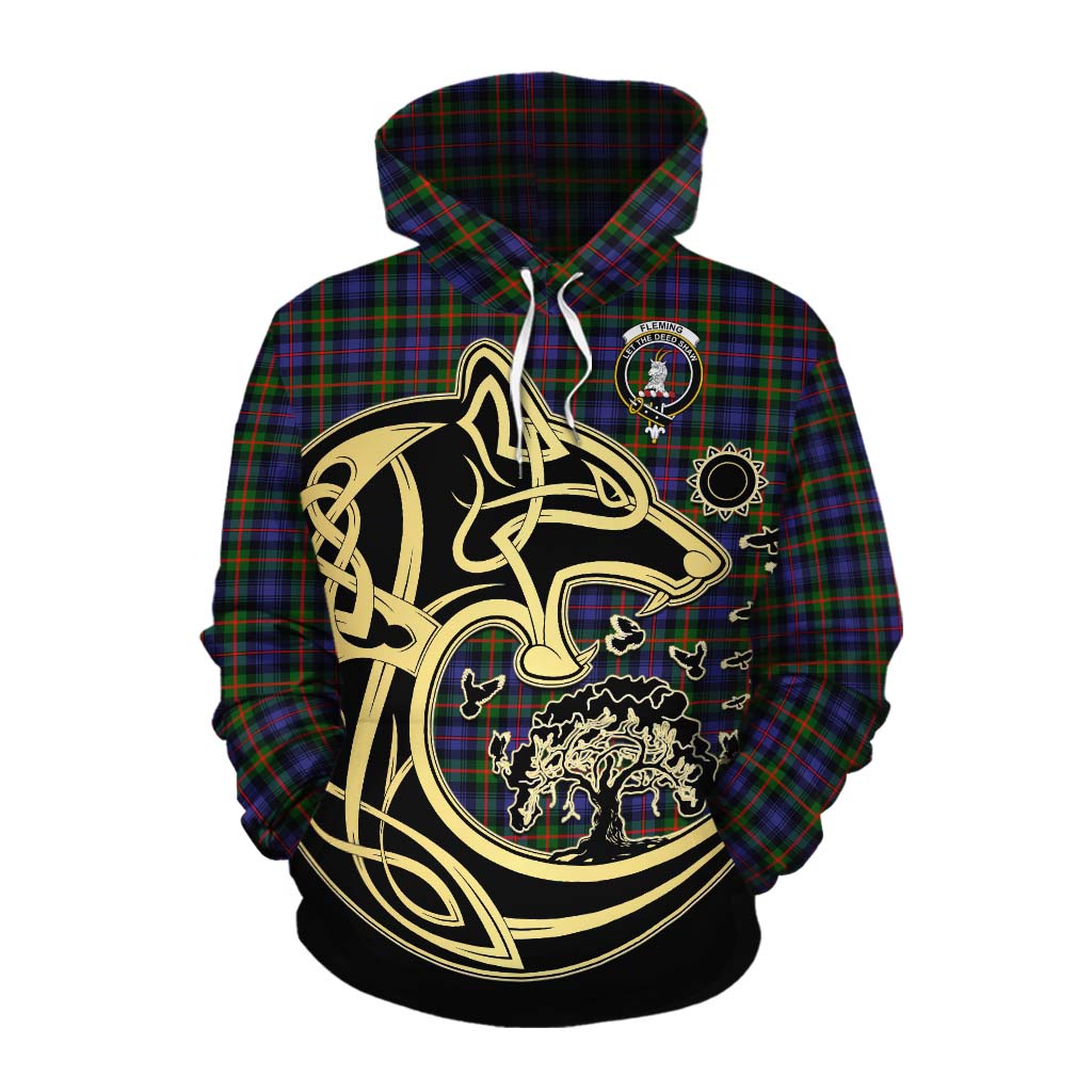 Tartan Vibes Clothing Fleming Tartan Cotton Hoodie with Family Crest Celtic Wolf Style