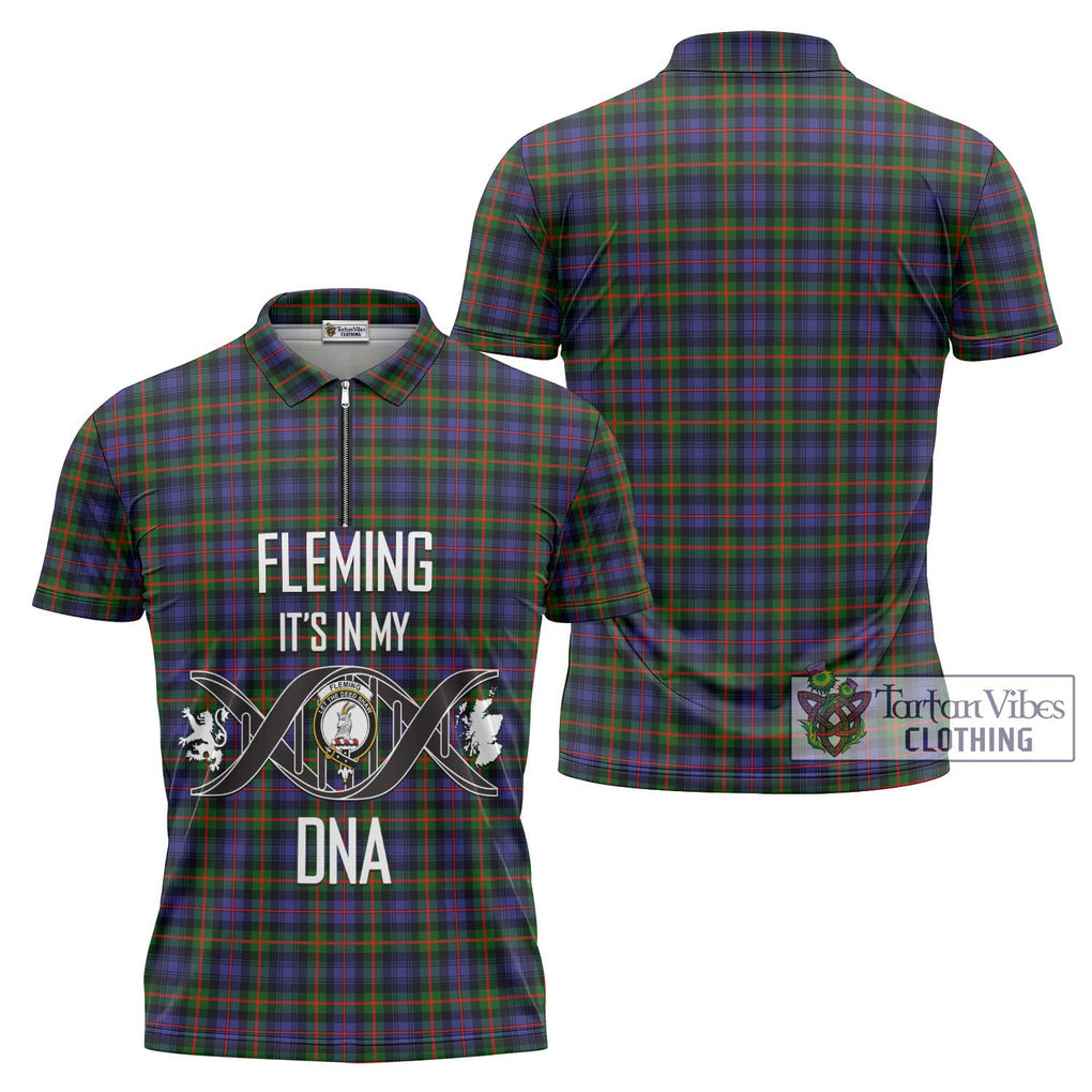 Fleming Tartan Zipper Polo Shirt with Family Crest DNA In Me Style Unisex - Tartanvibesclothing Shop