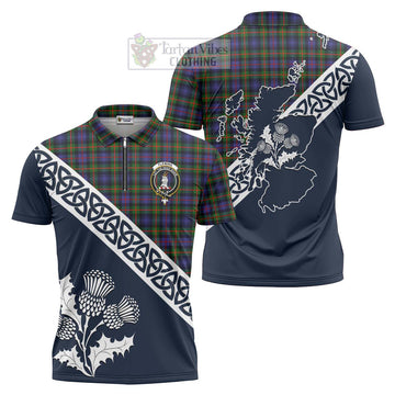 Fleming Tartan Zipper Polo Shirt Featuring Thistle and Scotland Map Unisex - Tartanvibesclothing Store