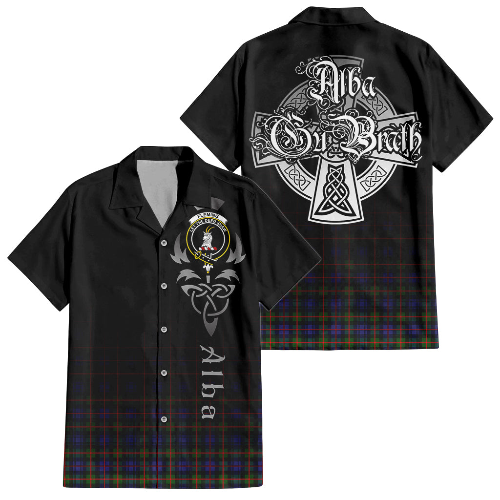 Tartan Vibes Clothing Fleming Tartan Short Sleeve Button Up Featuring Alba Gu Brath Family Crest Celtic Inspired