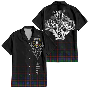 Fleming Tartan Short Sleeve Button Up Shirt Featuring Alba Gu Brath Family Crest Celtic Inspired