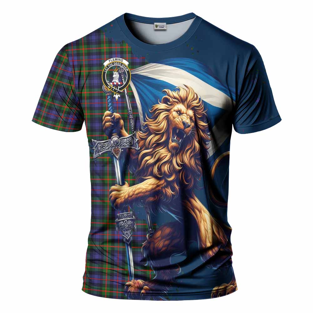 Tartan Vibes Clothing Fleming Tartan Family Crest T-Shirt with Scottish Majestic Lion