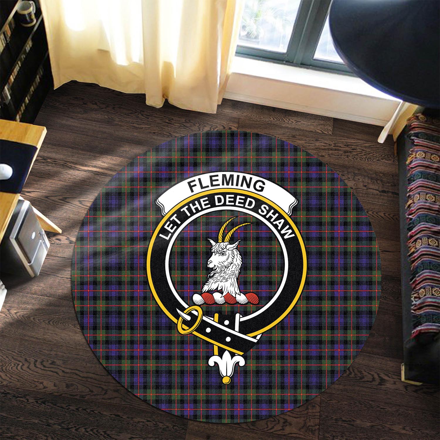 Fleming Tartan Round Rug with Family Crest - Tartanvibesclothing