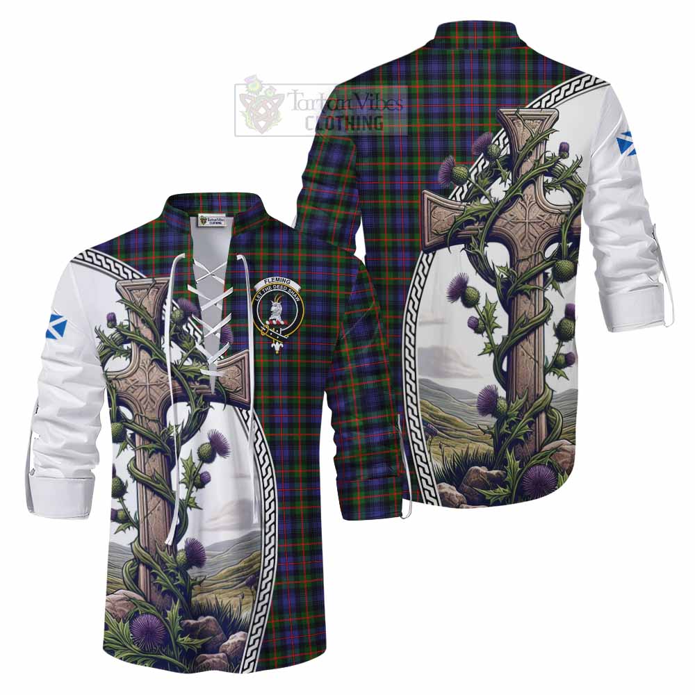 Tartan Vibes Clothing Fleming Tartan Ghillie Kilt Shirt with Family Crest and St. Andrew's Cross Accented by Thistle Vines