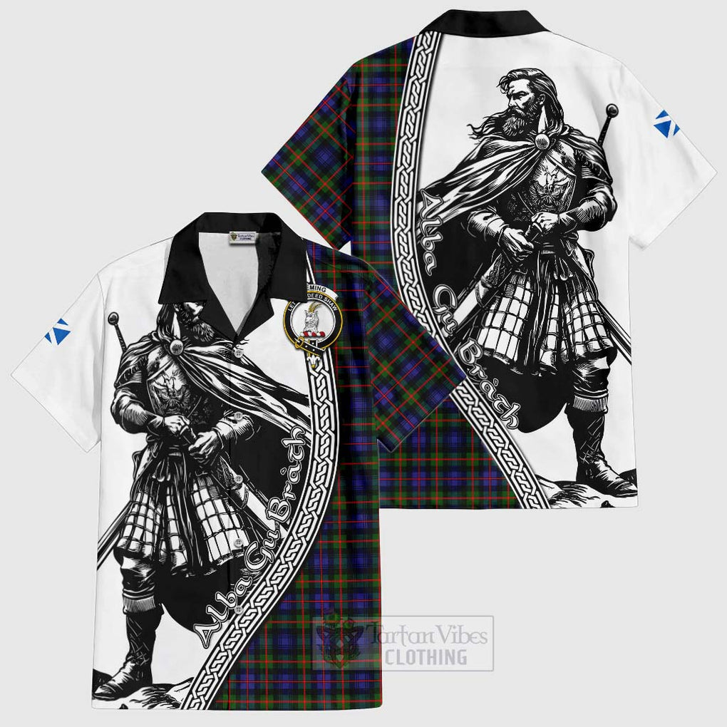 Tartan Vibes Clothing Fleming Tartan Clan Crest Short Sleeve Button Shirt with Highlander Warrior Celtic Style