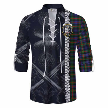 Fleming Tartan Ghillie Kilt Shirt with Family Crest Cross Sword Thistle Celtic Vibes