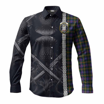 Fleming Tartan Long Sleeve Button Shirt with Family Crest Cross Sword Thistle Celtic Vibes