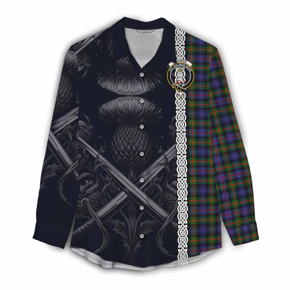 Tartan Vibes Clothing Fleming Tartan Women's Casual Shirt with Family Crest Cross Sword Thistle Celtic Vibes