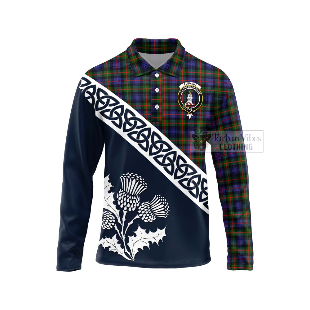 Tartan Vibes Clothing Fleming Tartan Long Sleeve Polo Shirt Featuring Thistle and Scotland Map