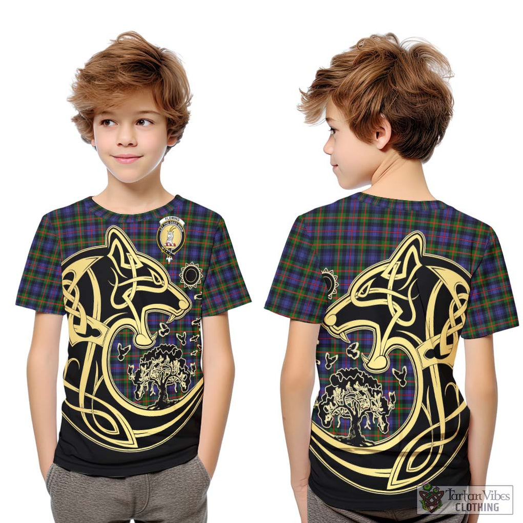 Fleming Tartan Kid T-Shirt with Family Crest Celtic Wolf Style Youth XL Size14 - Tartan Vibes Clothing