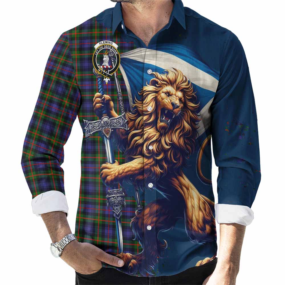 Tartan Vibes Clothing Fleming Tartan Family Crest Long Sleeve Button Shirt with Scottish Majestic Lion