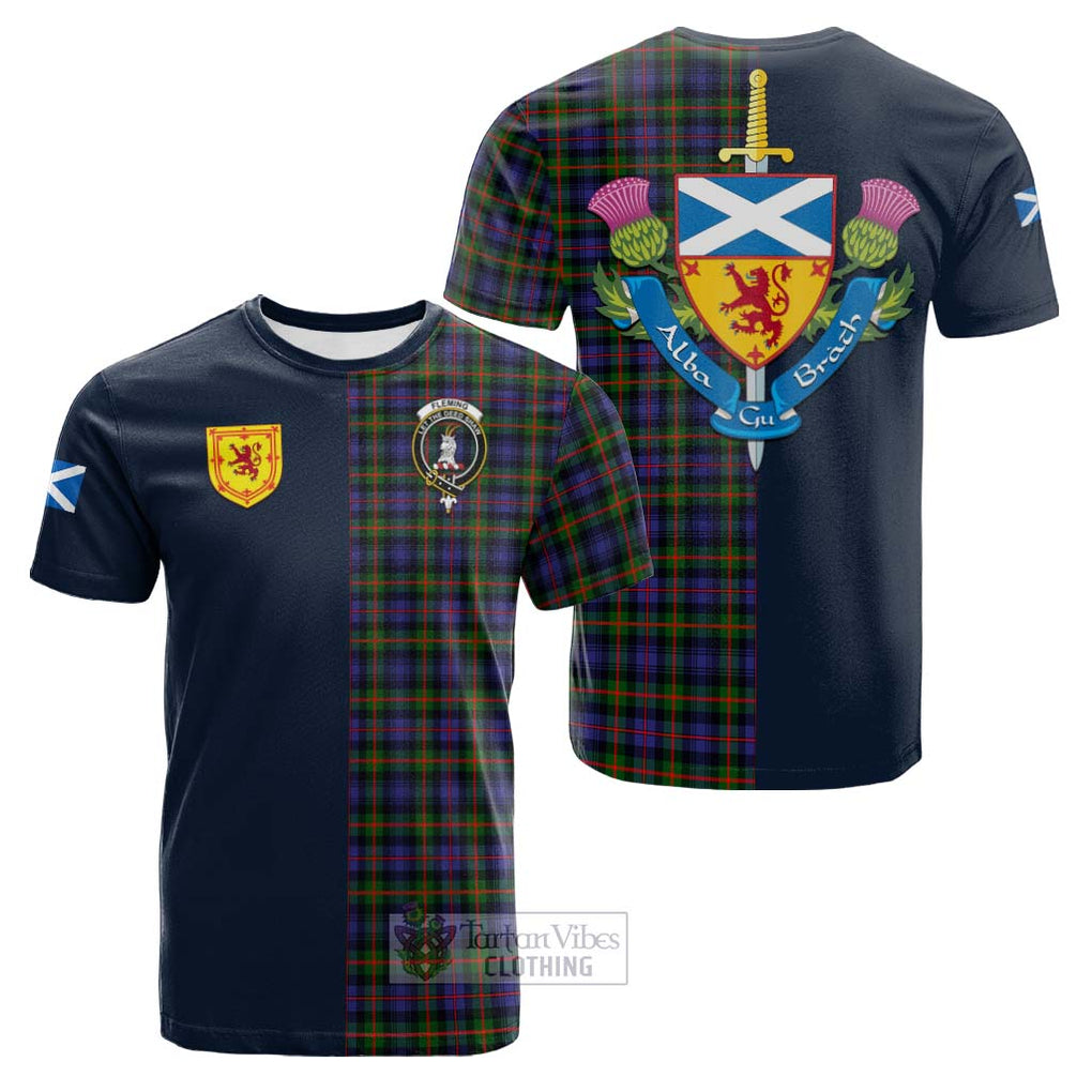 Tartan Vibes Clothing Fleming Tartan Cotton T-shirt with Scottish Lion Royal Arm Half Style