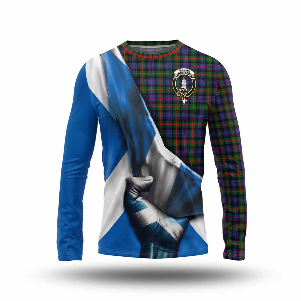 Tartan Vibes Clothing Fleming Tartan Long Sleeve T-Shirt with Family Crest Scotland Patriotic Style