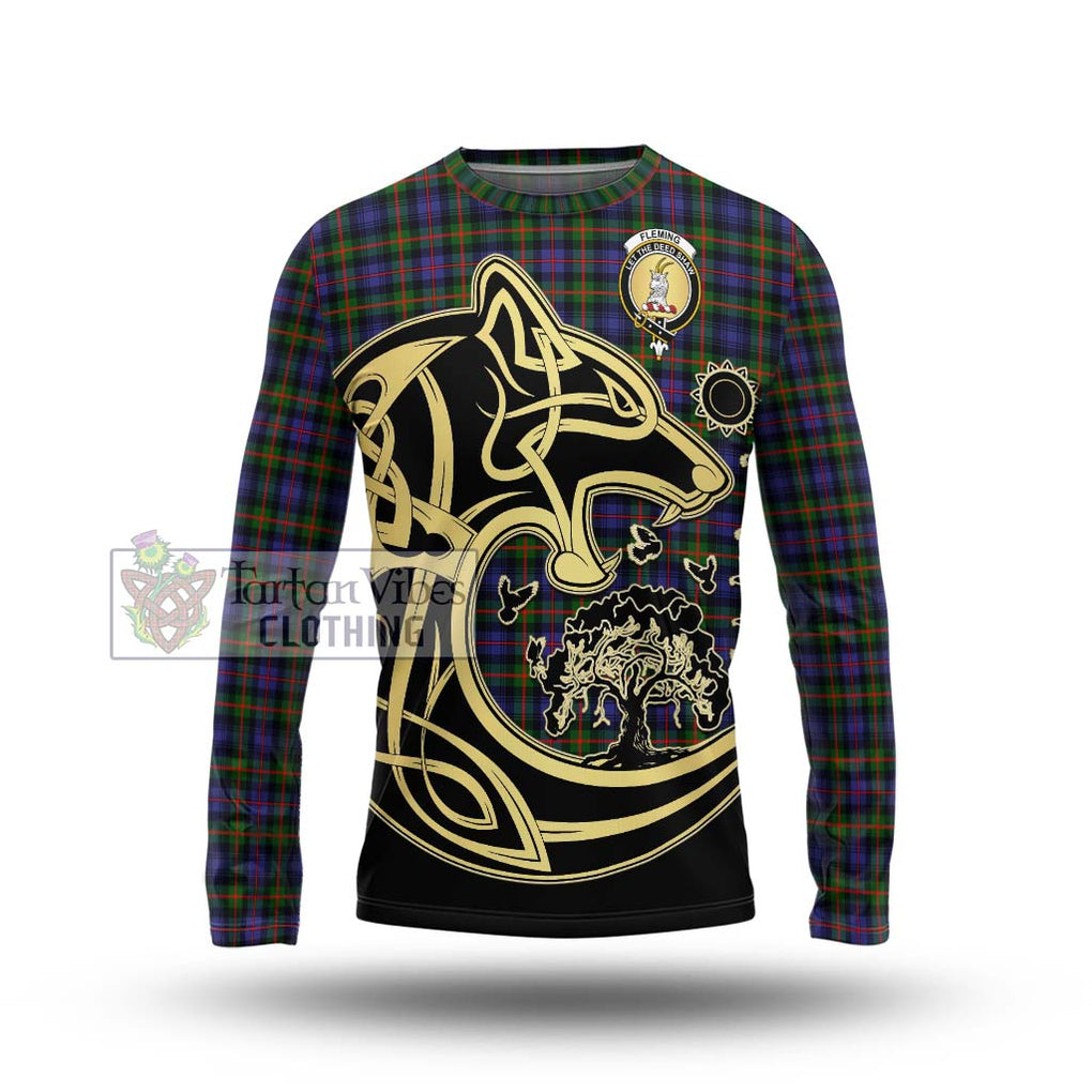 Fleming Tartan Long Sleeve T-Shirt with Family Crest Celtic Wolf Style Unisex - Tartan Vibes Clothing