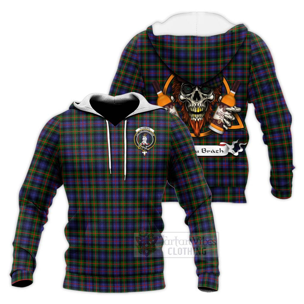 Tartan Vibes Clothing Fleming Tartan Knitted Hoodie with Family Crest and Bearded Skull Holding Bottles of Whiskey