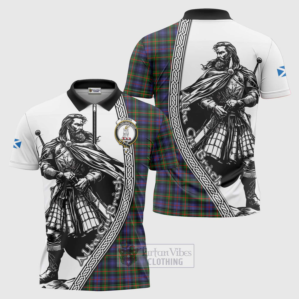 Tartan Vibes Clothing Fleming Tartan Clan Crest Zipper Polo Shirt with Highlander Warrior Celtic Style