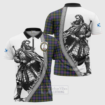 Fleming Tartan Clan Crest Zipper Polo Shirt with Highlander Warrior Celtic Style