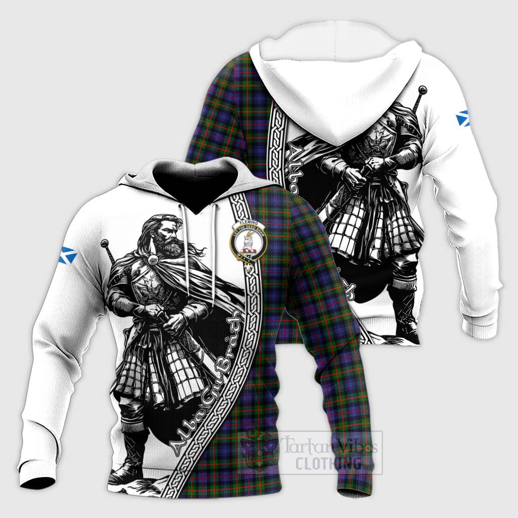 Tartan Vibes Clothing Fleming Tartan Clan Crest Knitted Hoodie with Highlander Warrior Celtic Style