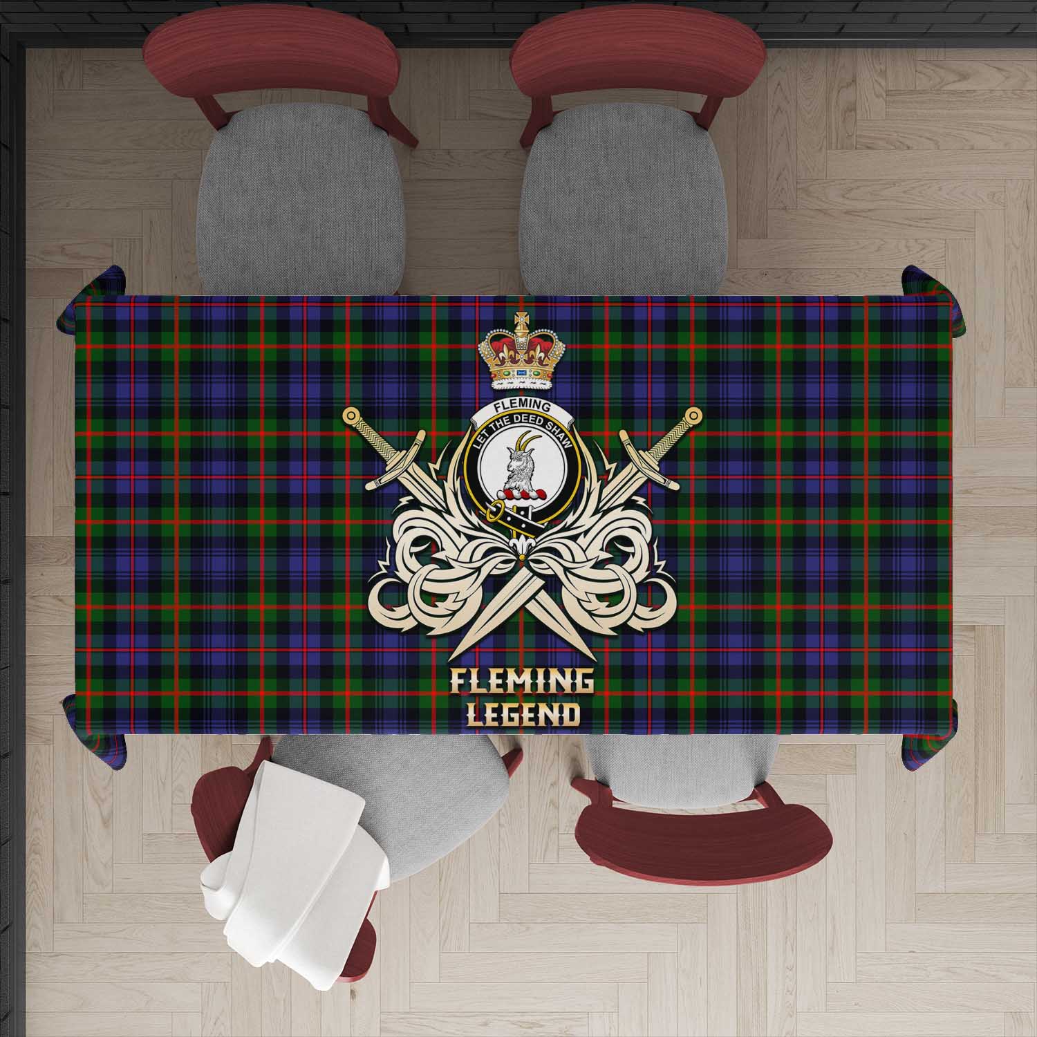 Tartan Vibes Clothing Fleming Tartan Tablecloth with Clan Crest and the Golden Sword of Courageous Legacy