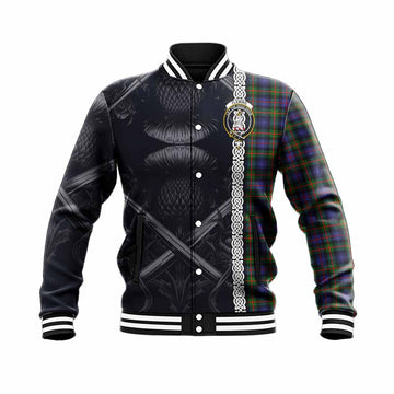 Fleming Tartan Baseball Jacket with Family Crest Cross Sword Thistle Celtic Vibes