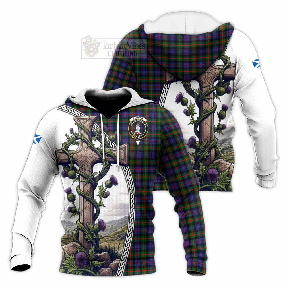 Tartan Vibes Clothing Fleming Tartan Knitted Hoodie with Family Crest and St. Andrew's Cross Accented by Thistle Vines