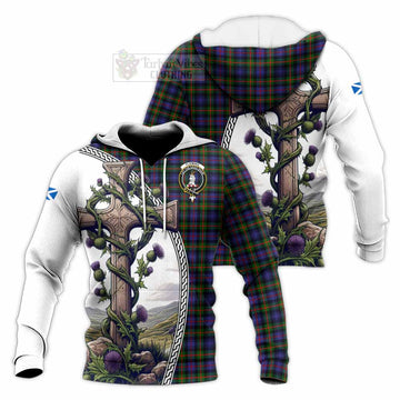 Fleming Tartan Knitted Hoodie with Family Crest and St. Andrew's Cross Accented by Thistle Vines