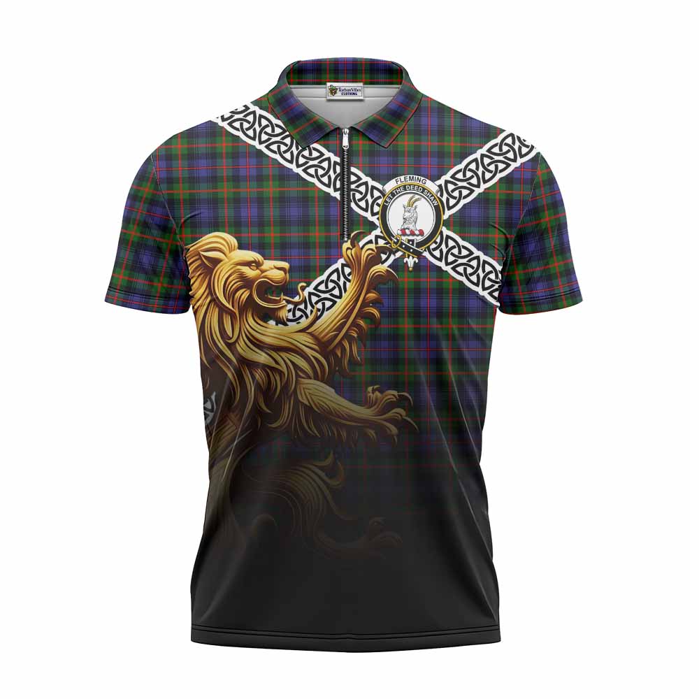 Fleming Crest Tartan Zipper Polo Shirt with Golden Lion Emblem Celtic Style Unisex - Tartan Vibes Clothing