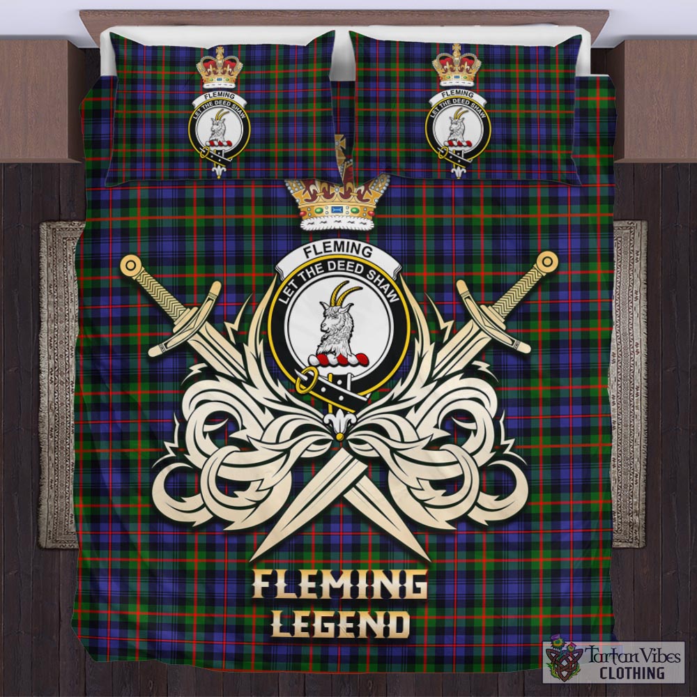 Tartan Vibes Clothing Fleming Tartan Bedding Set with Clan Crest and the Golden Sword of Courageous Legacy