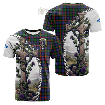 Fleming Tartan Cotton T-shirt with Family Crest and St. Andrew's Cross Accented by Thistle Vines