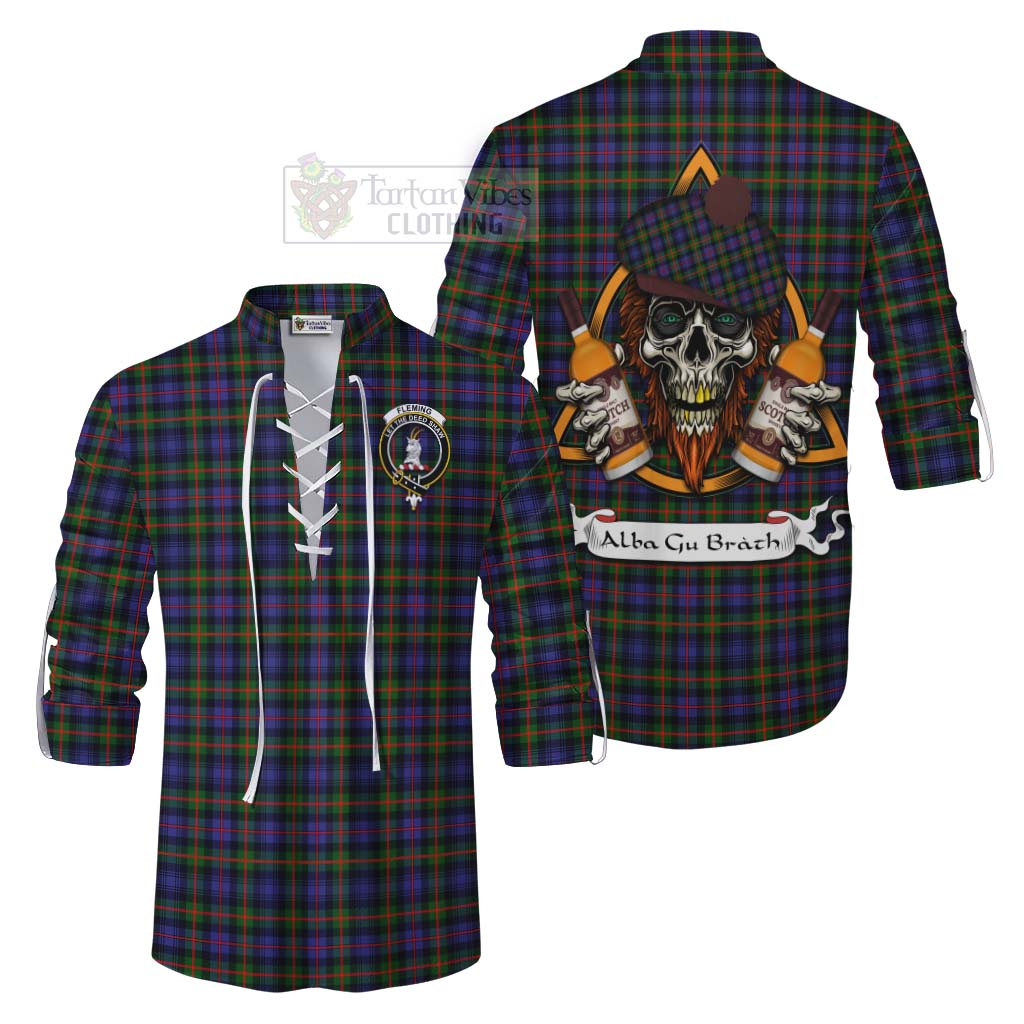 Tartan Vibes Clothing Fleming Tartan Ghillie Kilt Shirt with Family Crest and Bearded Skull Holding Bottles of Whiskey