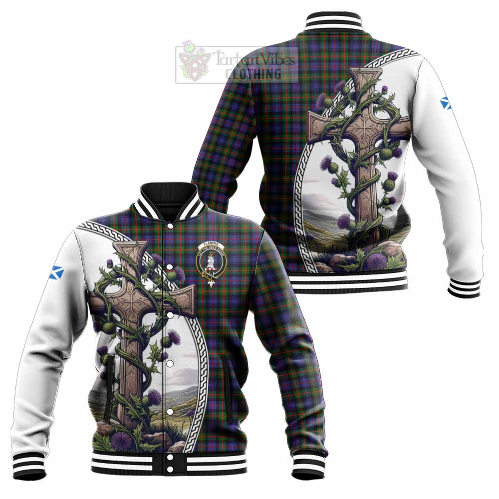 Tartan Vibes Clothing Fleming Tartan Baseball Jacket with Family Crest and St. Andrew's Cross Accented by Thistle Vines