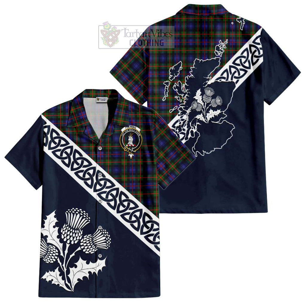 Tartan Vibes Clothing Fleming Tartan Short Sleeve Button Shirt Featuring Thistle and Scotland Map