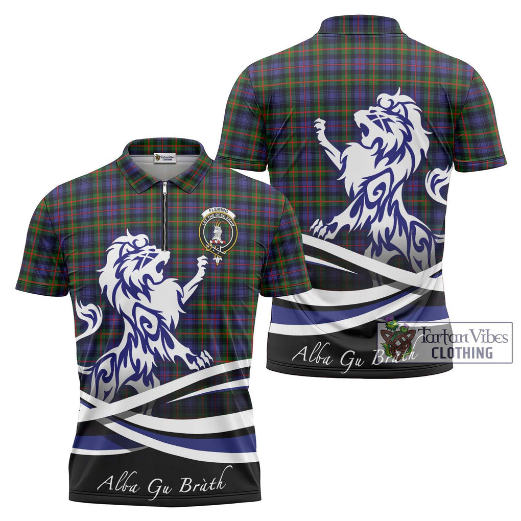 Fleming Tartan Zipper Polo Shirt with Alba Gu Brath Regal Lion Emblem Unisex - Tartan Vibes Clothing