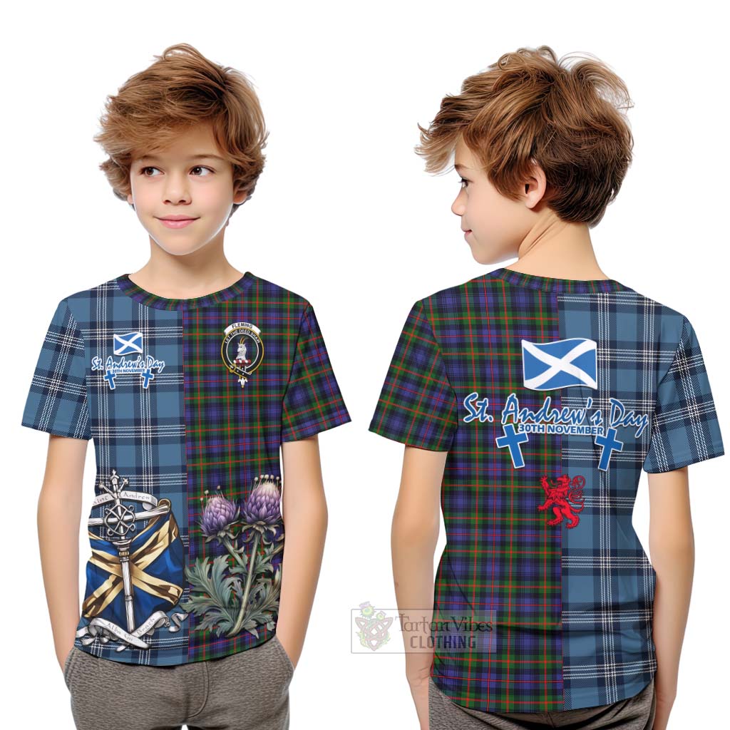 Fleming Tartan Kid T-Shirt Happy St. Andrew's Day Half Tartan Style Youth XL Size14 - Tartan Vibes Clothing