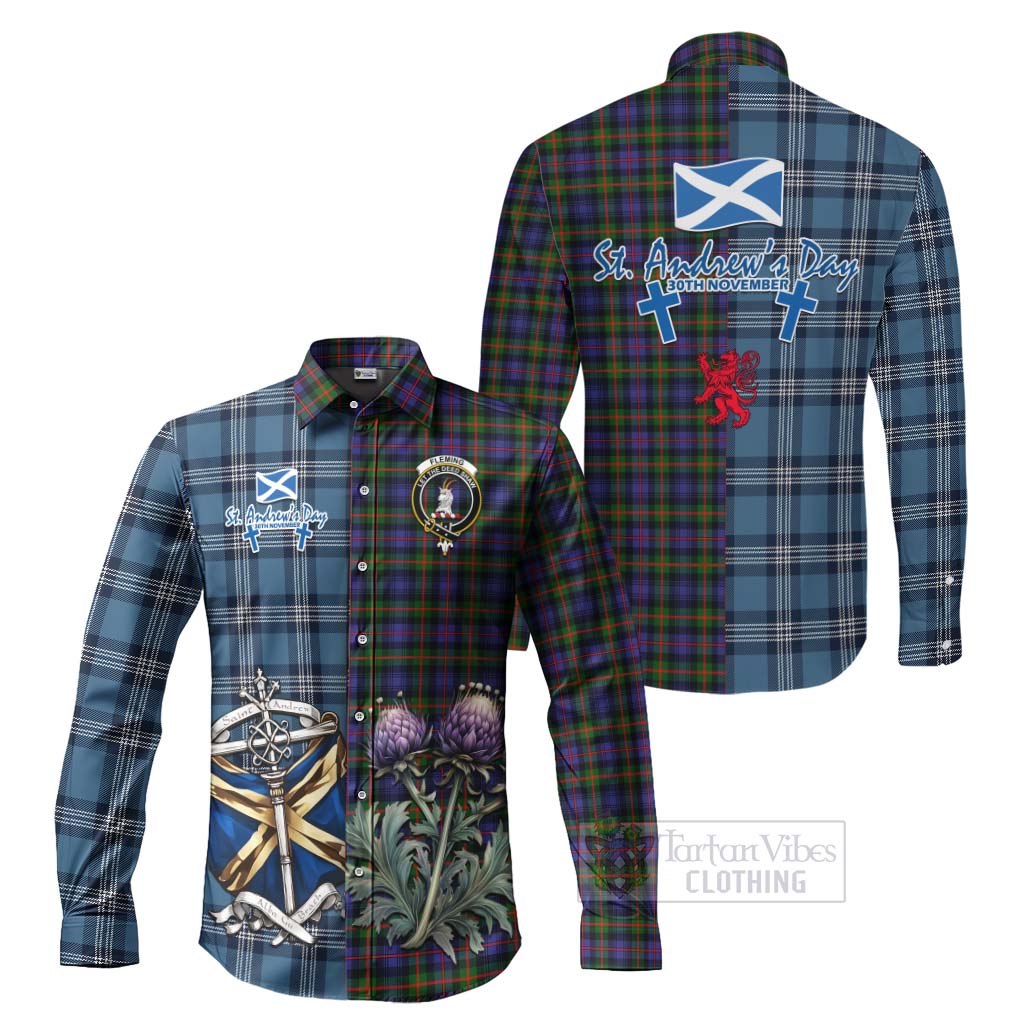 Fleming Tartan Long Sleeve Button Shirt Happy St. Andrew's Day Half Tartan Style Men's Shirt S - Tartan Vibes Clothing
