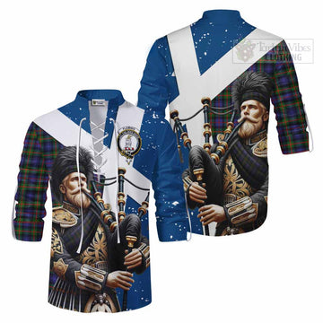 Fleming Tartan Ghillie Kilt Shirt with Family Crest Scottish Bagpiper Vibes