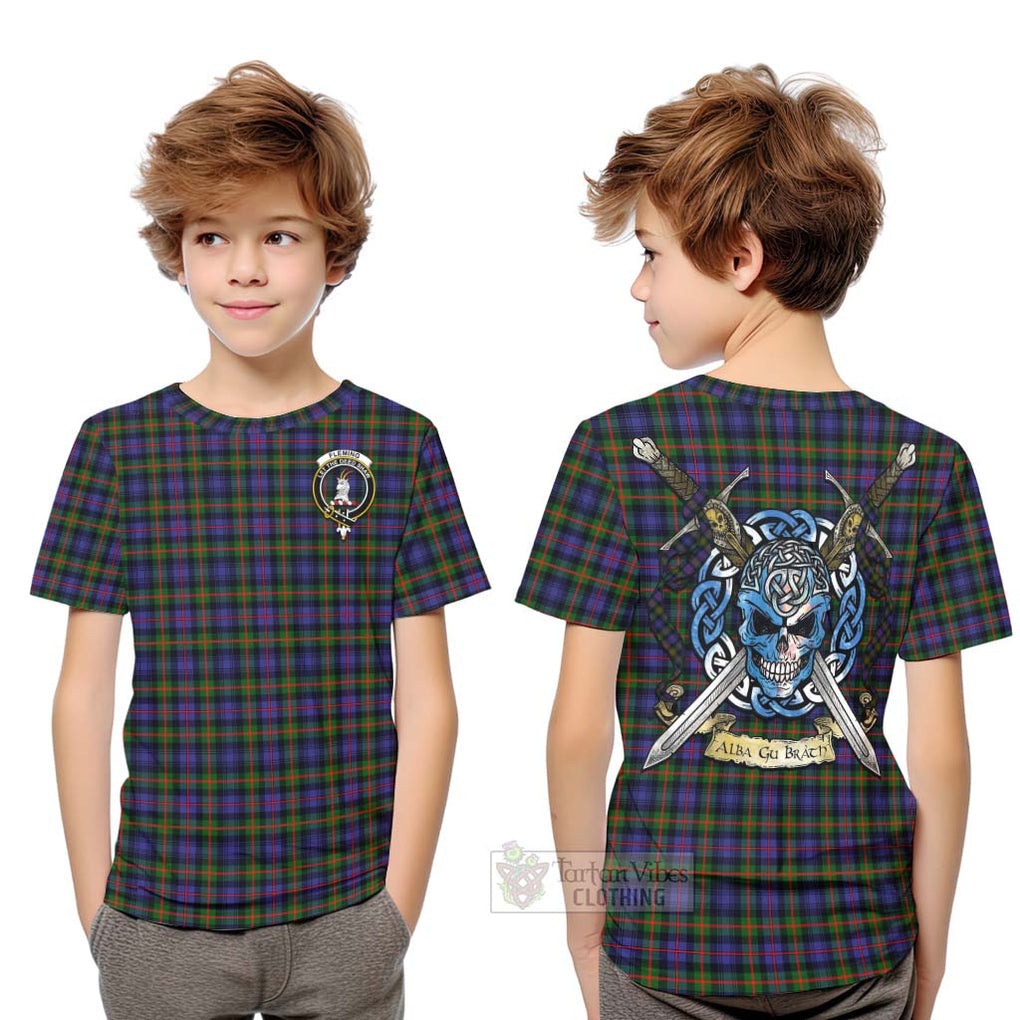 Fleming Tartan Kid T-Shirt with Family Crest Celtic Skull Style Youth XL Size14 - Tartan Vibes Clothing