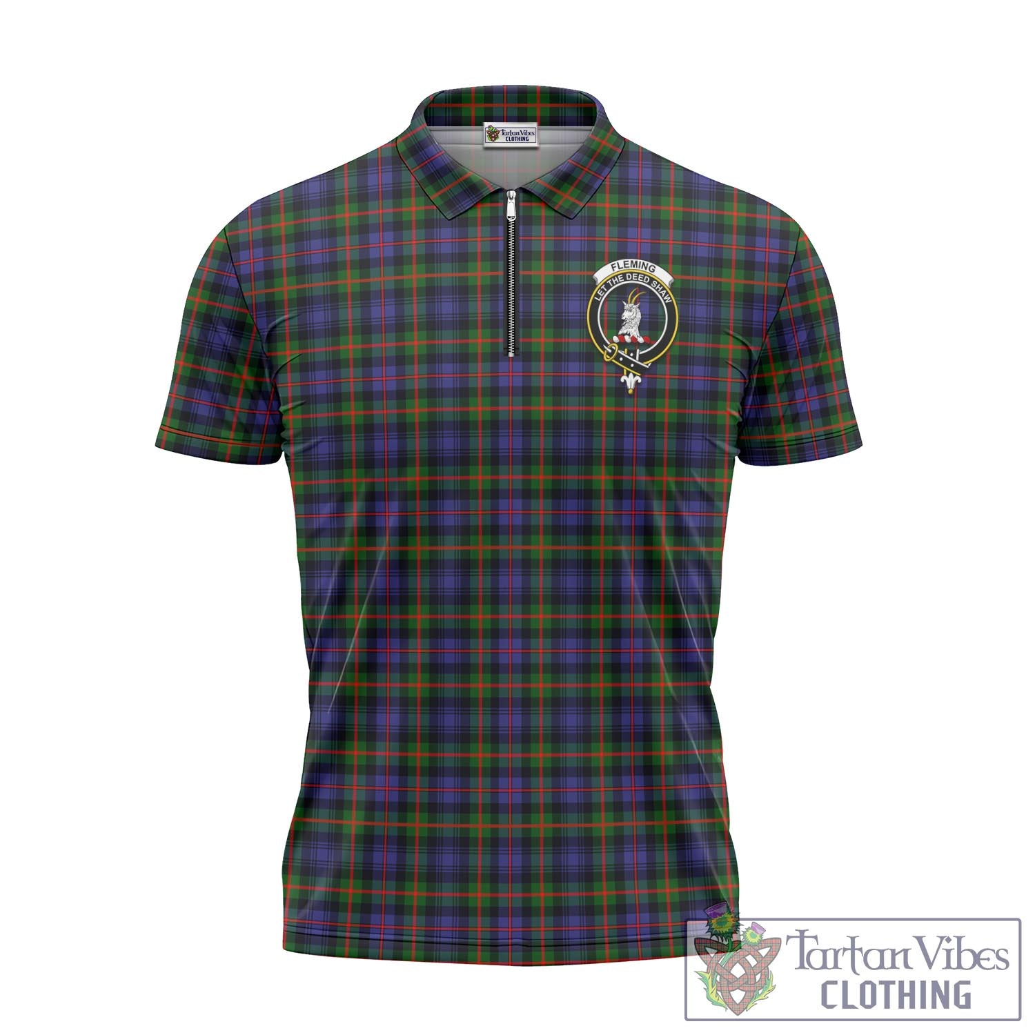 Tartan Vibes Clothing Fleming Tartan Zipper Polo Shirt with Family Crest