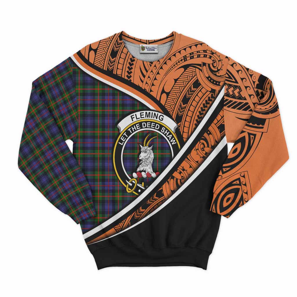 Tartan Vibes Clothing Fleming Crest Tartan Sweatshirt with Maori Tattoo Style - Orange Version