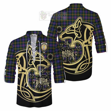 Fleming Tartan Ghillie Kilt Shirt with Family Crest Celtic Wolf Style