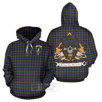 Fleming Tartan Hoodie with Family Crest and Bearded Skull Holding Bottles of Whiskey