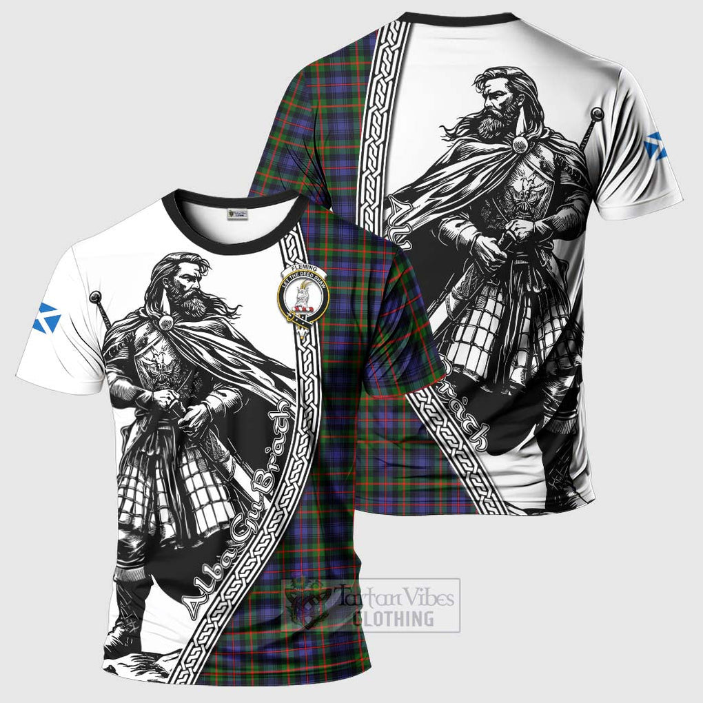 Tartan Vibes Clothing Fleming Tartan Clan Crest T-Shirt with Highlander Warrior Celtic Style