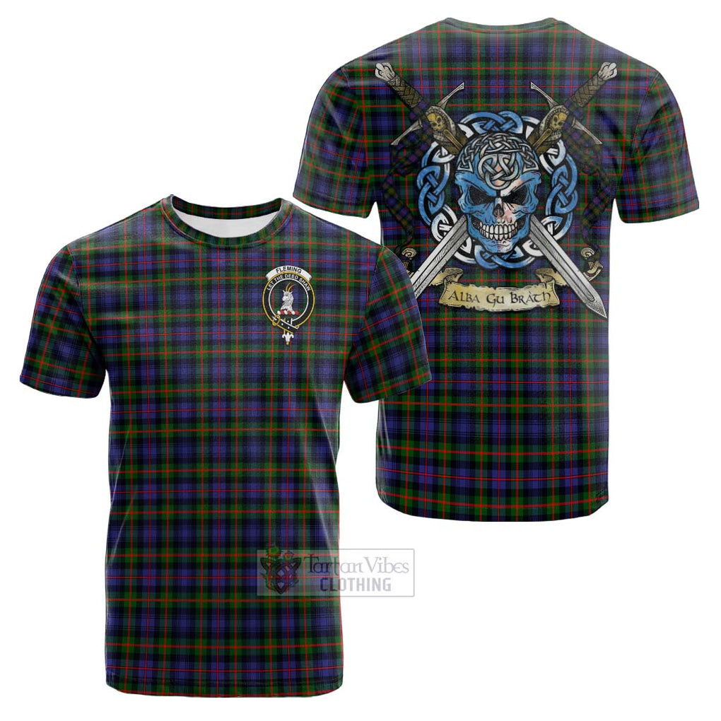 Tartan Vibes Clothing Fleming Tartan Cotton T-shirt with Family Crest Celtic Skull Style