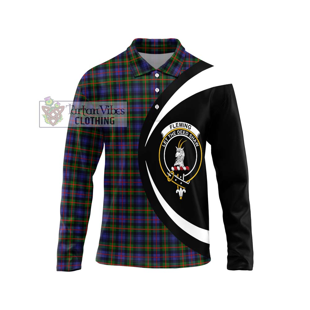 Fleming Tartan Long Sleeve Polo Shirt with Family Crest Circle Style Unisex - Tartan Vibes Clothing