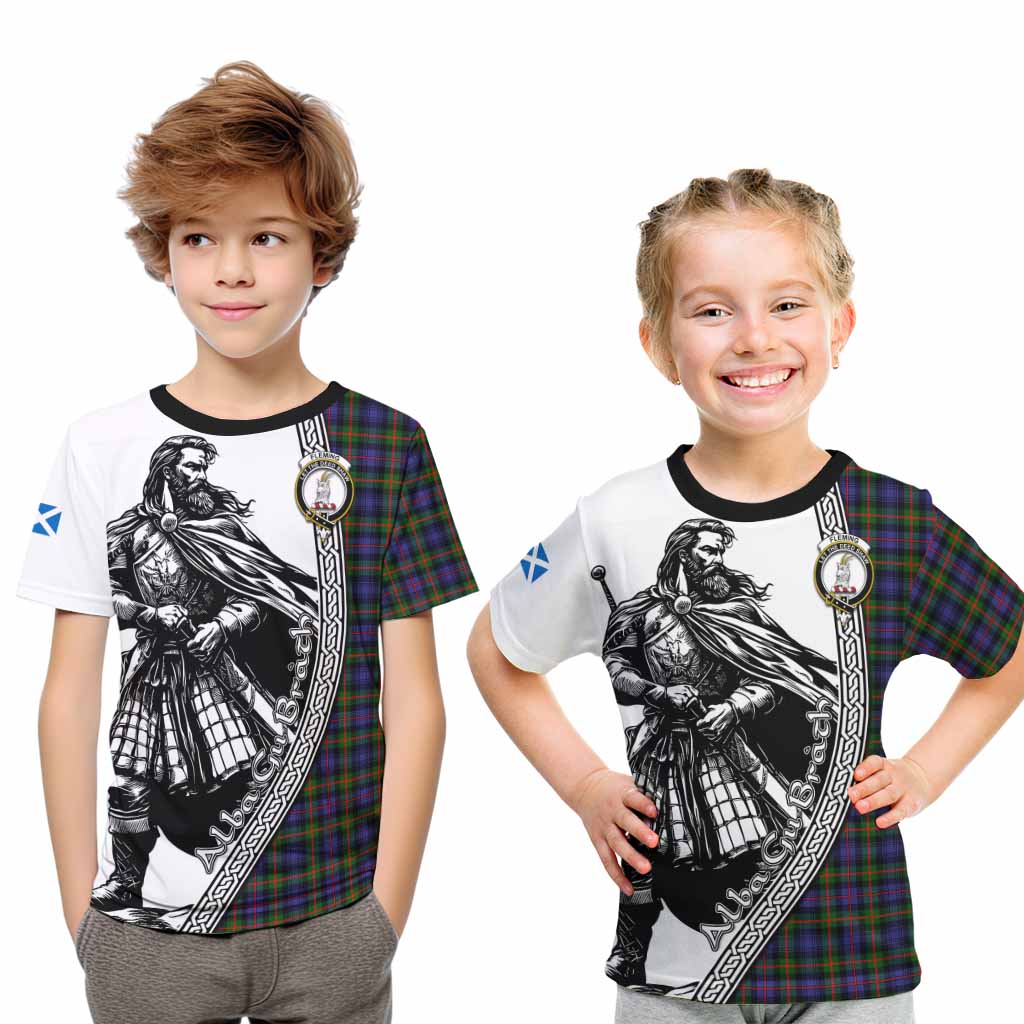 Fleming Tartan Clan Crest Kid T-Shirt with Highlander Warrior Celtic Style Youth XL Size14 - Tartan Vibes Clothing