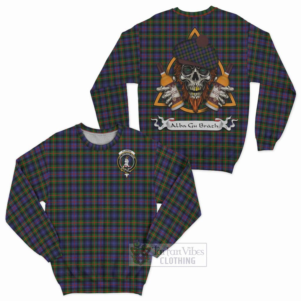 Tartan Vibes Clothing Fleming Tartan Sweatshirt with Family Crest and Bearded Skull Holding Bottles of Whiskey