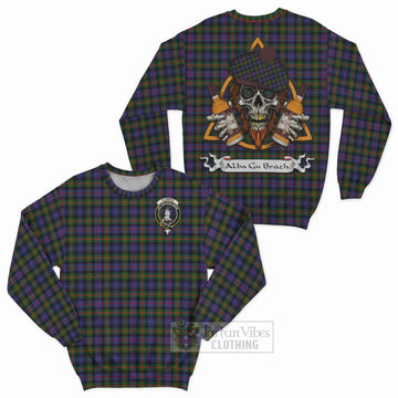 Fleming Tartan Sweatshirt with Family Crest and Bearded Skull Holding Bottles of Whiskey